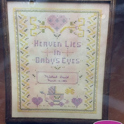 Current Hearts N Flowers Cross Stitch Kit 7154-9 Baby Birth 11" x 14" 1983 VTG - Image 1 of 4