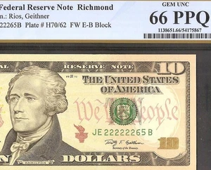 2009 $10 BILL 222222 NEAR SOLID NUMBER FEDERAL RESERVE NOTE PCGS 66 PPQ - Picture 1 of 3