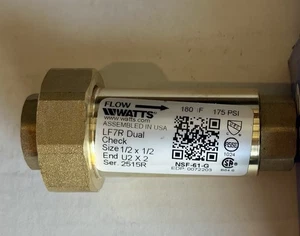 Watts LF7R Series 1/2"x1/2" Lead-Free Brass Dual Back Flow Check Valve - Picture 1 of 5