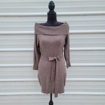 Express Women's Wool Blend Sweater Dress XS Cowl Neck Off Shoulder Beige Brown - Image 1 of 4