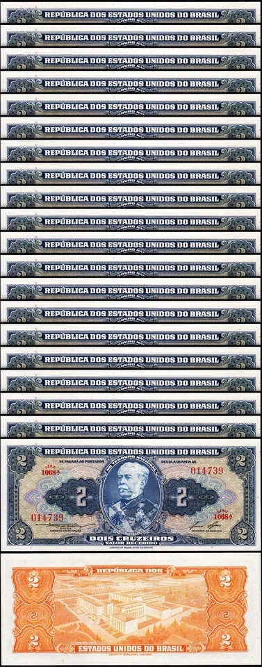 Brazil 2 Cruzeiros 1954 1958, UNC, 20 Pcs LOT, Consecutive, P-151b, Sign 6 - Image 1 of 4