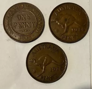 1935, 1938, & 1944 Australia Penny Coin Collection 3 coins Lot 203 - Picture 1 of 2