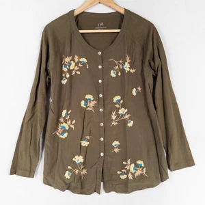 J. Jill Shirt Size Medium Olive Green Floral Embroidered Woven Front Button Up - Picture 1 of 8