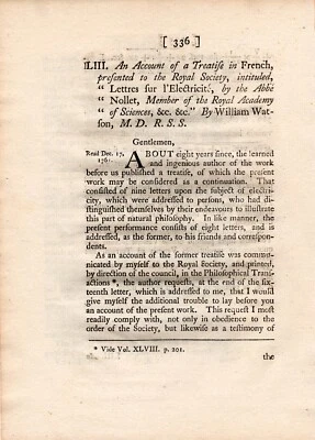 An Account of a Treatise intitled “Lettres sur l’Electricite", by Abbe Nollet - Image 1 of 2