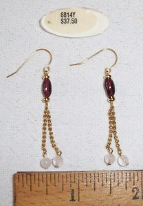 DAINTY DROP/DANGLE RED GARNET & ROSE QUARTZ W/GF BEADS & CHAIN PIERCED EARRINGS - Picture 1 of 6