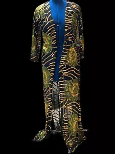 goth glam flapper VINTAGE gold tiger green floral black duster jacket 80s Lg - Picture 1 of 8