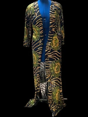 goth glam flapper VINTAGE gold tiger green floral black duster jacket 80s Lg - Image 1 of 4