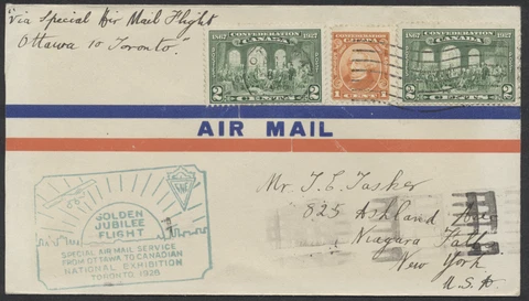 1928 Flight Cover, AAMC #2837b, Ottawa to Toronto, 1c + 2c Confederation Stamps Cover