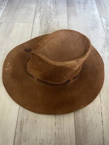 Vtg Genuine Brown Leather Outback Hat Indiana Jones Style Fedora Dan English Lrg - Picture 1 of 10