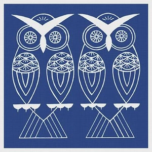 Asian Indigo 2 Owl Birds Folk Art *2 DMC Colors** Counted Cross Stitch Pattern - Picture 1 of 11