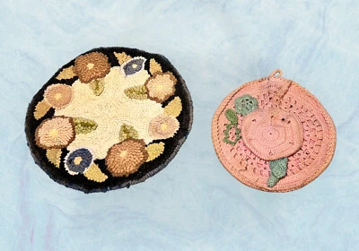 Lot Of 2 HAND HOOKED Antique Rug TABLE MAT  Doll House 6” & Crochet Wall Hanging - Image 1 of 4