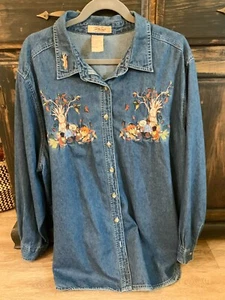 Camisa Denim De Colección Just My Size Bordada Oso Calabaza Otoño Gato Mujer 22W/24W - Imagen 1 de 4