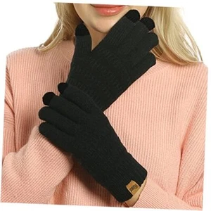 Womens Winter Touchscreen Gloves Cable Knit Warm Lined 3 Fingers Dual Black - Picture 1 of 8