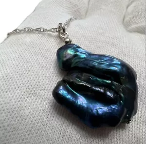 Genuine 30mmx21mm Black Peacock Baroque Keshi Pearl Necklace Sterling Silver 925 - Picture 1 of 6
