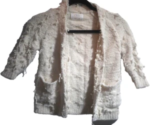 Zara Girls Size 6-7 Cream Cardigan Shaggy Pockets Textured 3/4 Sleeve - Picture 1 of 9