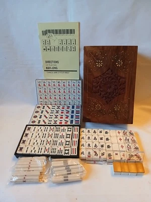 Mahjong Set Wooden Box 148 Bamboo Back Tiles Book Sticks Mah Jong Jongg Vintage - Image 1 of 4