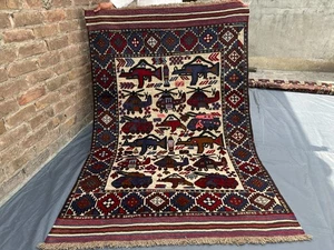 4x6 Vintage Afghan Hand Knotted Wool War Rug Tribal Pictorial Unique Office Rug - Picture 1 of 11