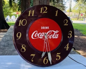 VINTAGE 1950er 18" DURCHMESSER COCA COLA HÄNGENDE METALL WAND SODA UHR - funktioniert nicht - Bild 1 von 8