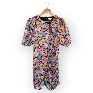 Warehouse Black Floral Puff Sleeve Ruched Mini Dress – UK 12 - Picture 1 of 6