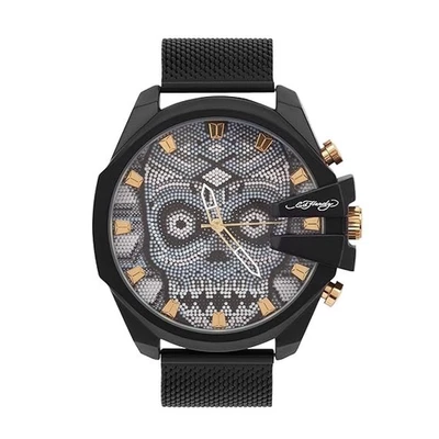 ED HARDY Oversized Skull Beaded Dial Wristwatch Gray Black Mesh Strap Watch - Image 1 of 4