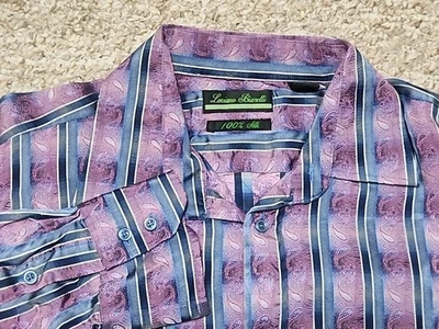 CAMISA LUCIANO BIARELLI Púrpura Paisley Azul Rayas 100% SEDA XXL Foto 1 de 4