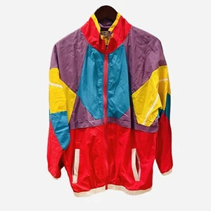 Retro 80s Colorblock Windbreaker Track Jacket Oversized Pink Yellow S - Picture 1 of 4