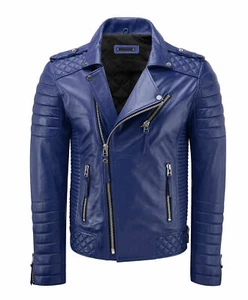 DESIGNER New Men's Blue Leather Jacket 100% Soft Lambskin Motorcycle BikerJacket - Picture 1 of 4