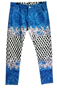 Sosoo Jeans 1971 Men's 34X30 Checkerboard Blue Floral Stretch Denim New - Picture 1 of 6