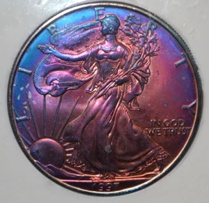 1997 American Silver Eagle $1 Monster Blue-Lavender Rainbow PCI Highest Grade - Picture 1 of 5