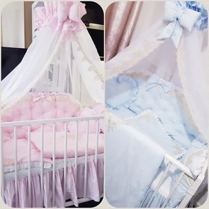 LUXURY BABY BLUE PINK BEIGE GOLD EMBROIDERY QUILTED COT BED BEDDING SET BOW LACE - Picture 1 of 16
