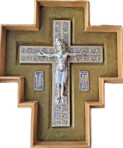 1900s Enamel Gilt Bronze Religious Crucifixion Christ Crucifix  Cross Reliquary - Picture 1 of 22