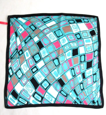 Anne Klein Silk Scarf Square 21x21" Hand Rolled Hem Blue, Black, Pink, White - Image 1 of 4