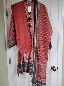 Camisa Paquistaní Crema Algodón/Césped Recta 3 PIEZAS Vestido Cosido, M - Imagen 1 de 9