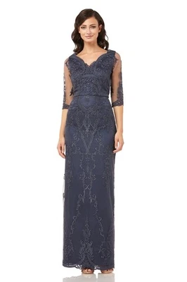 JS Collection Mineral Blue Scallop V Neck Embroidered Mesh Gown Size 12 $395 - Image 1 of 2