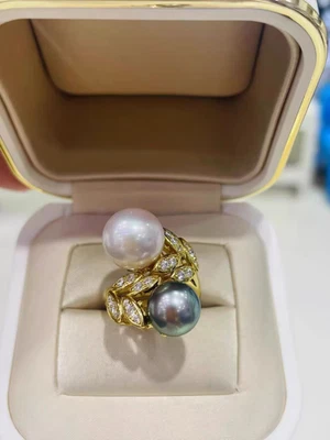 Precioso anillo de perlas 8-10mm mar sur redondo blanco negro verde 925s(t) Foto 1 de 3