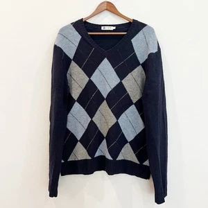 J Crew Sweater Mens Large Blue Gray Argyle Lambs Wool Knit V Neck Classic Layer - Picture 1 of 9
