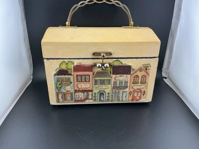 Bolso de mano de madera vintage años 60 pintura decoupage casas mango de metal ideal para decoración Foto 1 de 4