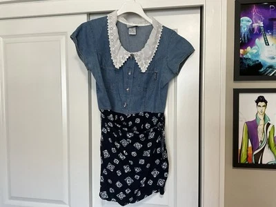VTG 90s True Blue Denim & Lace Midi Jumpsuit Pearl Snaps Boho Cottage 13/14 - Image 1 of 4