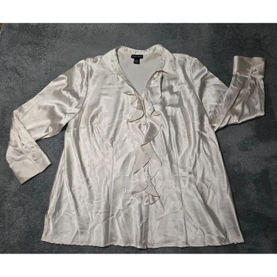 Maggie Barnes Womens 26W Champagne Satin Ruffle Front Long Sleeve Blouse - Image 1 of 4