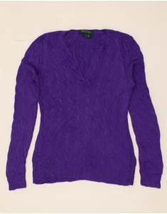 RALPH LAUREN Womens Petite V-Neck Jumper Sweater UK 10 Small Purple Cotton BR35 - Picture 1 of 3