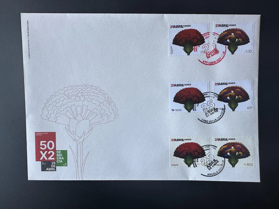 Portugal Angola Cabo Verde 2024 mixed FDC 25 Abril émission commune fleur (II) - Photo 1/1