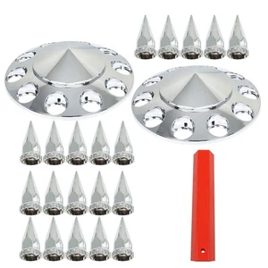 Front Hub Cover Set Chrome Semi Truck Wheel Cover 33mm Nut Covers Spiked - Picture 1 of 11