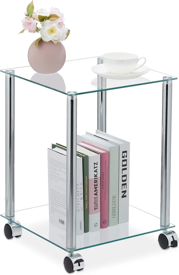 Tavolino Con Ruote, 2 Ripiani, Quadrato, per Salotto, Vetro E Acciaio, Tavolo Da - Immagine 1 di 1