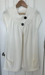 ROXY Cable Knit Sweater Cardigan Vest White Ivory Bold Buttons Pockets Women L - Picture 1 of 7