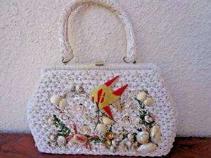 Vintage 50s 60s Faux Raffia Straw Handbag Real Seashells Velveteen FISH CRAB - Picture 1 of 8