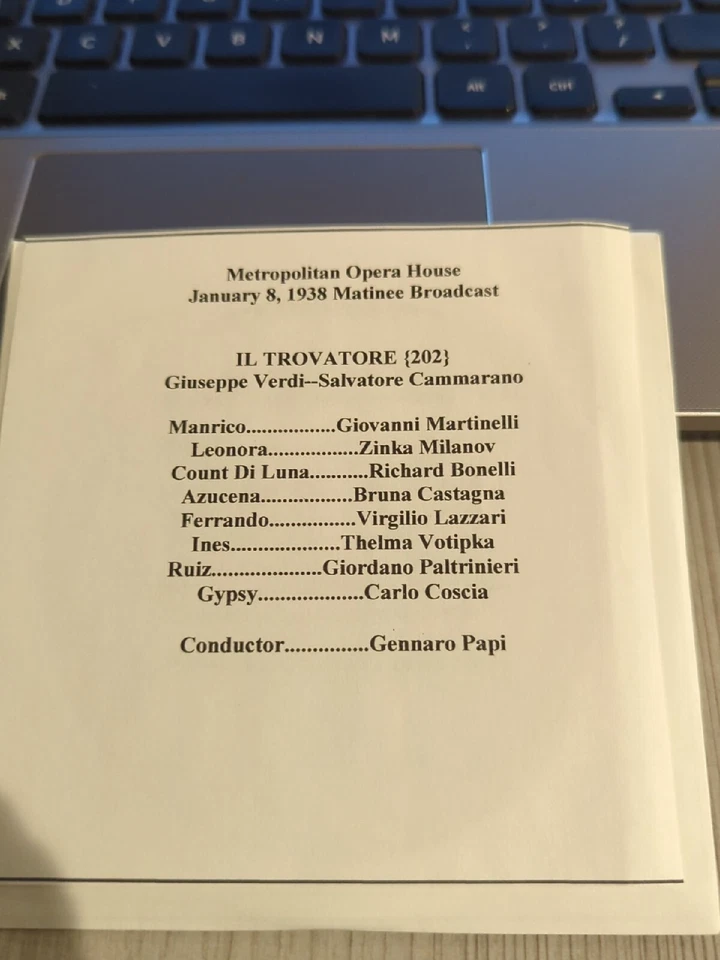 LIve Recorded Opera CD -1595 Trovatore 1938 Martinelli Milanov Bonelli Castagna Foto 1 de 1