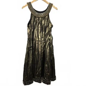 Vestido Simon Chang para mujer 10 seda sin mangas con cuentas línea A metálico dorado transparente - Imagen 1 de 12