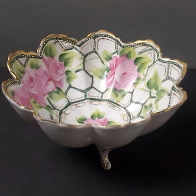Antique Nippon 5.5” Moriage Bowl Footed Hand Painted Pink Floral Gilded Japan - Image 1 of 4