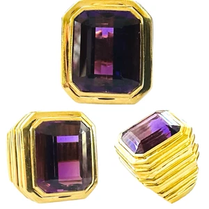 Emerald Cut Amethyst 16.5 mm x 13.5 mm 18k Yellow Gold 29.77 grams Size 7 - Picture 1 of 12