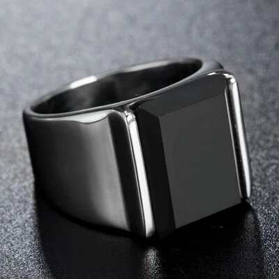 Anillo de sello retro de acero inoxidable para hombre piedra negra cóctel fiesta talla 7-12 Foto 1 de 4